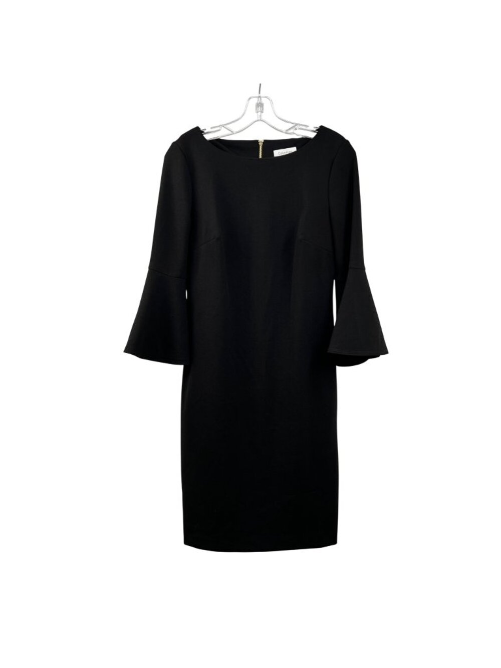 Calvin Klein Black Sheath Dress 3/4 Flare Sleeve Womens Size 8 Gold Zipper